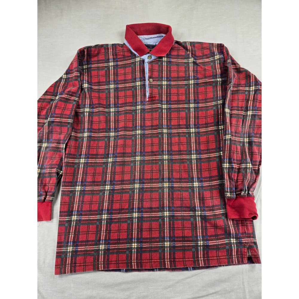 The Arrow Company Mens Red Plaid Long Sleeve Polo Rugby Shirt Large 100% Cotton